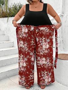 SHEIN CURVE+ Bộ jumpsuit thời trang tối giản dành cho người có vóc dáng ngoại cỡ, thích hợp mặc hàng ngày, phong cách boho hoặc đi nghỉ mát. - màu nâu - Xem 8