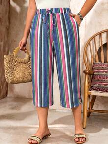 SHEIN LUNE CURVE Plus Size Women's Asymmetrical Light Blue Striped Summer Boho Vacation Holiday Casual Wide Leg Pants,Striped Print Slim Fit Commute Office Trousers - Blue - View 3