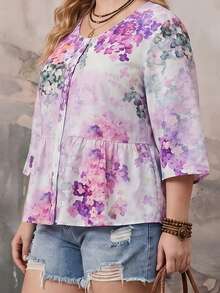 EMERY ROSE Kemeja Lengan 3/4 Wanita Ukuran Besar untuk Liburan Kasual dengan Motif Bunga - MultiWarna - View 5