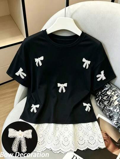 GlowEve CURVE Plus Size Women's French Elegant Casual Vacation Soft Knit Round Neck Short Sleeve Loose Rejuvenating Cute Bow Lace Patchwork Short Sleeve T-Shirt, Suitable For Office, Student, And Teacher Outfits