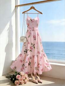 SHEIN Franclia 女士夏季连衣裙，吊带V领印花连衣裙，粉色连衣裙配金色方形金属扣腰带，吊带V领长款连衣裙，度假风连衣裙，通勤休闲连衣裙，夏季假日装扮，情人节装扮，派对连衣裙，婚纱，毕业礼服，夏季度假装扮，户外装扮，时尚休闲通勤连衣裙，百搭时尚日常休闲装 - 粉色 - 查看 7