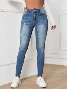 SHEIN PETITE Women's Distressed Pastal Skinny Jeans With Pockets,Petite Women Swimming Summer Sexy - Medium Wash - View 5