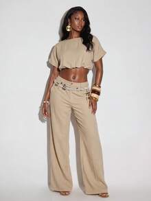 Normani Women's Vacation Casual Solid Color Cropped Top And Pants Set - Khaki - View 3