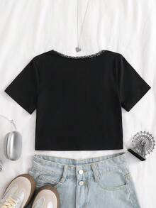 Tween Girl Contrast Lace Bow Decor Short Sleeve Cropped T-Shirt - Black - View 2
