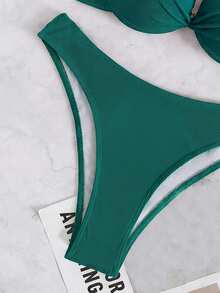 Swim Lushoire 女款夏季海灘素色抓皺細肩帶比基尼與三角泳褲泳裝套裝 - 綠色 - 查看 5