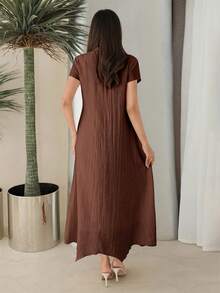 Al Najma Women's Solid Color Faux Pearl Collar Elegant Short Sleeve Arabic Style Dress - Coffee Brown - View 2