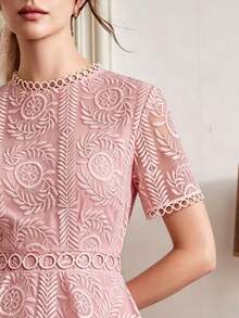Anewsta Đầm ngắn tay cổ tròn, tay ngắn, xếp ly, thắt eo, thanh lịch, nhẹ nhàng, thêu họa tiết, phiên bản giới hạn dành cho Ngày Valentine, bộ sưu tập Xuân/Hè mới. - Hồng - Xem 3