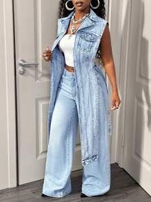 BamGleam Women's Casual Washed Denim Vest With Side Slit - Blue - View 6