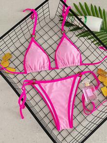 Swim Vcay 女款夏季海灘掛脖綁帶性感比基尼泳衣套裝 - 粉色 - 查看 4