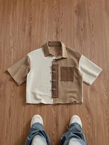 SWAVVY Men's Patchwork Corduroy Short Sleeve Shirt, Spring/Summer,Holiday,Daily Wear Shirt, Cargo Short Shirt,Casual Versatile Daily Wear Short Sleeve Shirt - Khaki - View 3