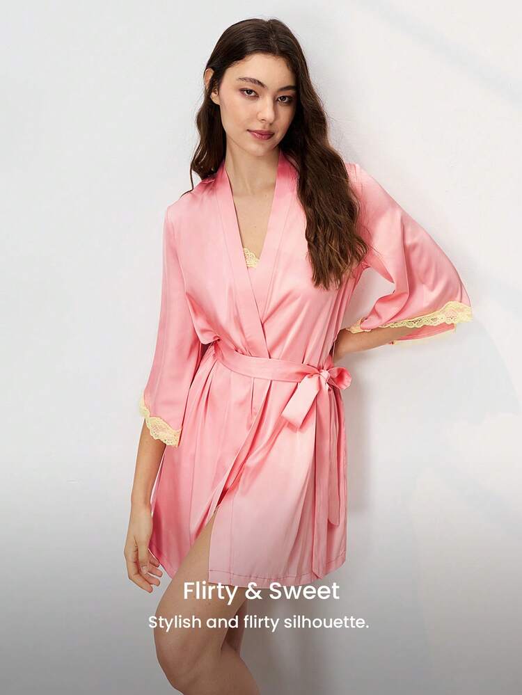 Silky Satin Lace Trim Tie-Front Loungewear Pajama Robe