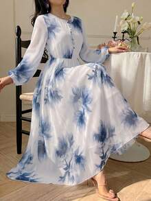 Modelyn Spring & Summer Fashion Flat Collar Long Sleeve Chiffon Floral Print Slim Fit Flared Dress - Blue - View 1
