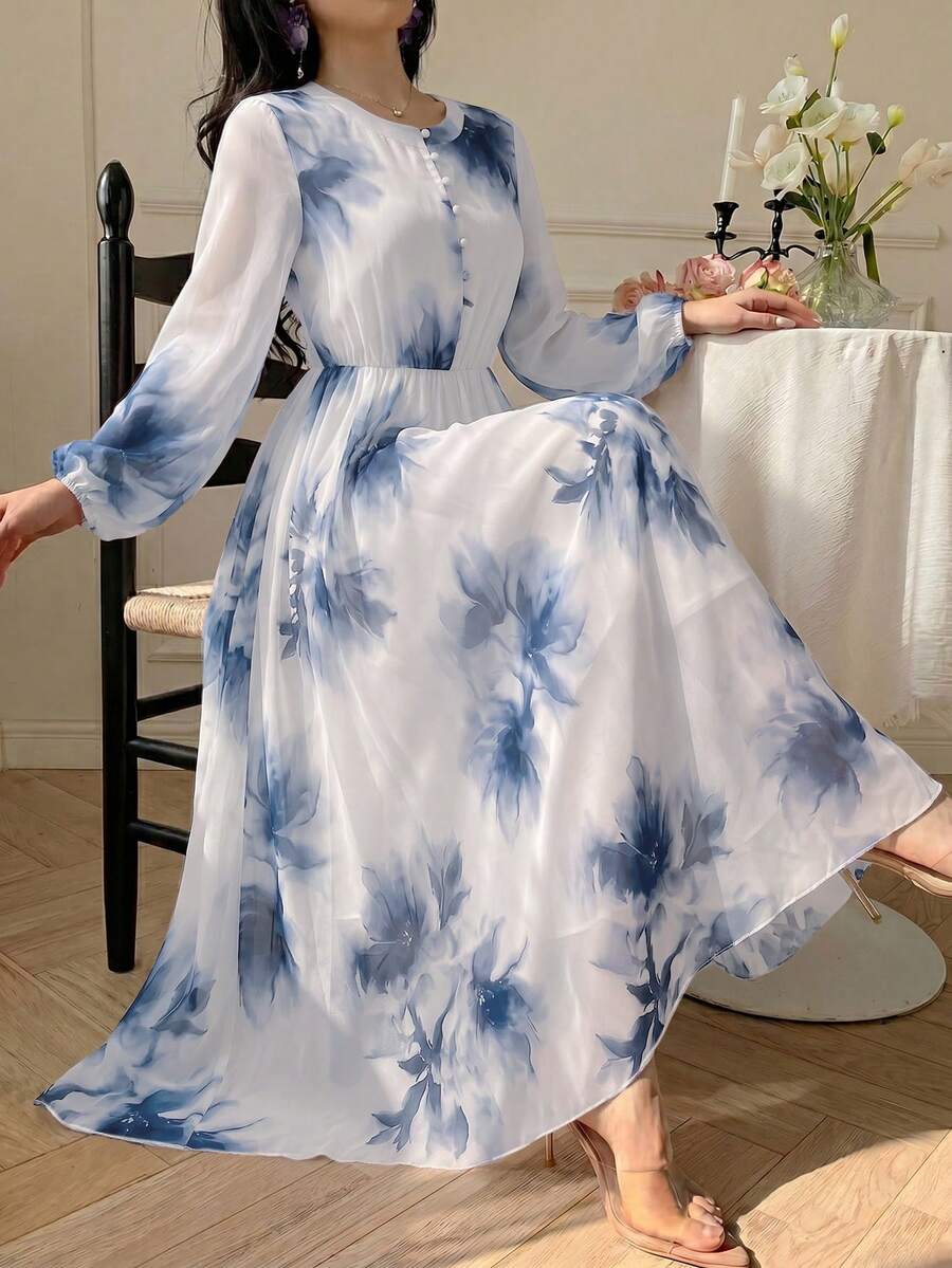 Modelyn Spring & Summer Fashion Flat Collar Long Sleeve Chiffon Floral Print Slim Fit Flared Dress - Blue - View 1