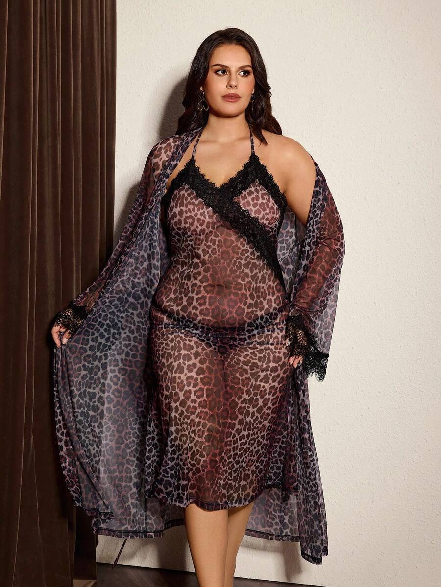 Slumberist Sexy Spaghetti Strap Leopard Print Mesh Lace Trim Slit Maxi Robe, Plus Size - Multicolor - View 1