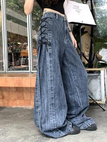DAZY Celana Jeans Wanita Model Lebar dengan Desain Ikat dan Kancing, Kasual, Serbaguna untuk Pemakaian Sehari-hari - Biru - View 2