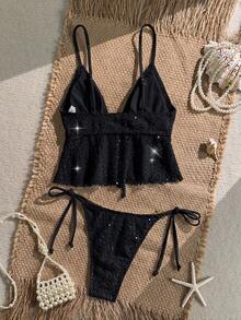 Elavelle Swim Mod-D 女士春夏提花面料吊带系带金属装饰比基尼上衣 - 黑色 - 查看 3