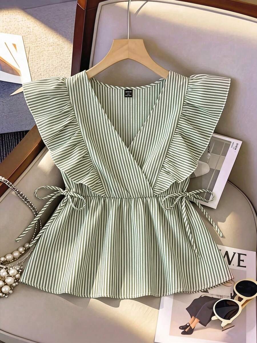 GlowEve CURVE Plus Size Women Romantic Striped Ruffle Hem Blouse, Suitable For Dates, Commuting, Everyday Wear, Spring/Summer - Multicolor - View 1