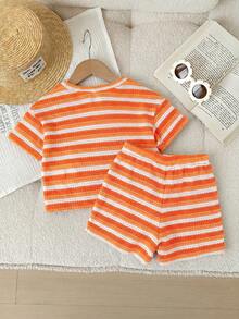 SHEIN LMoss Kids 2件套女婴针织条纹圆领T恤和短裤套装 - 橘色 - 查看 2