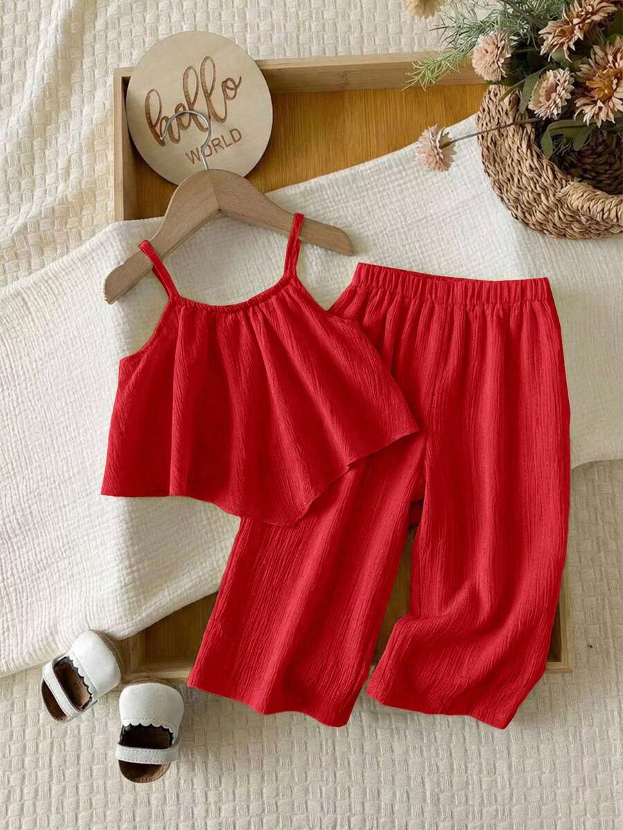 SHEIN LMoss Kids 这款两件套可爱女婴休闲纹理面料吊带背心和松紧腰裤套装适合生日派对、晚宴、演出、婚礼、洗礼和开幕式等场合,是春夏季节的完美之选。 - 紅色 - 查看 1