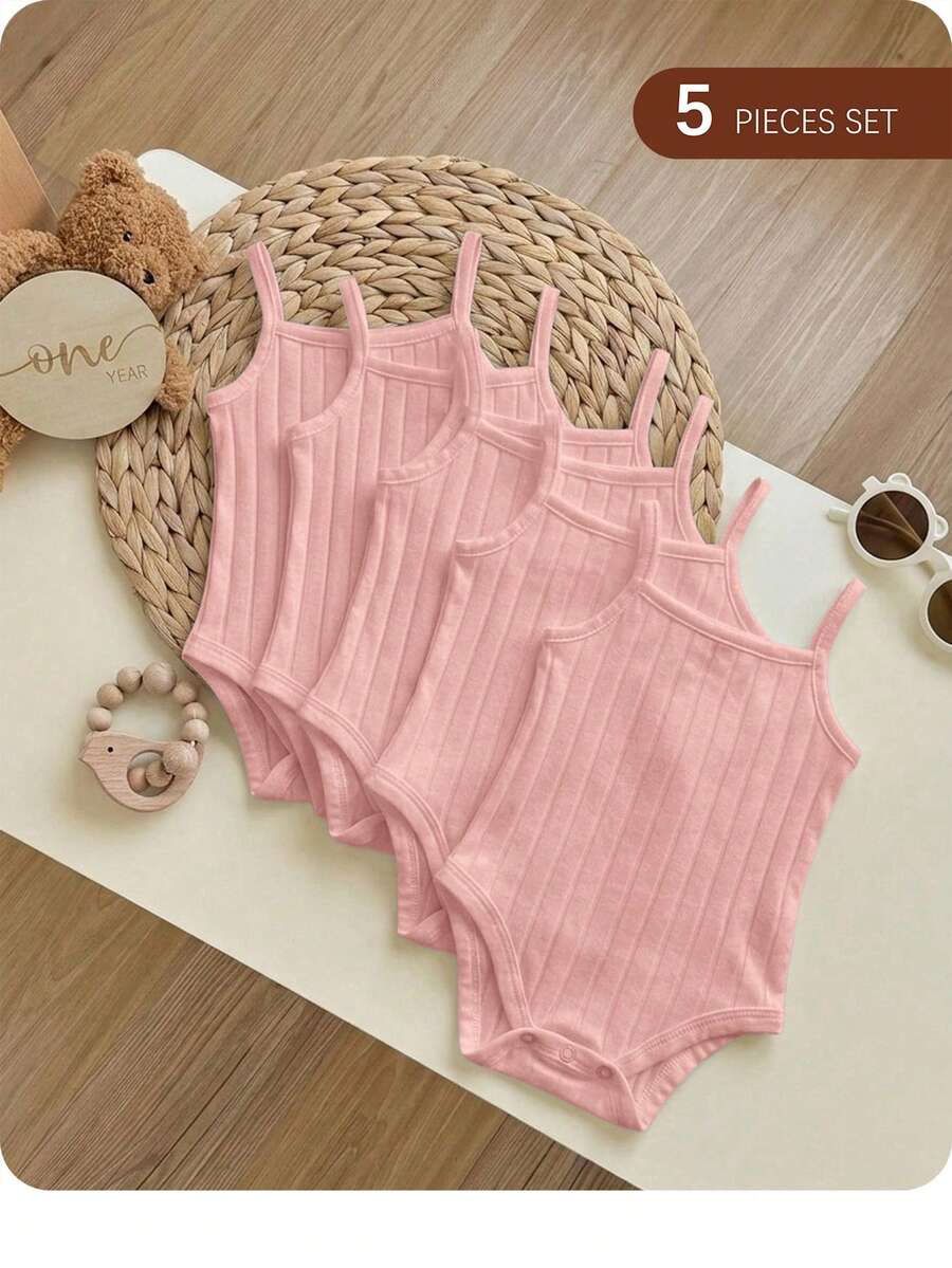 SHEIN Set unisex de cinci piese pentru bebeluși, băieți și fetițe: casual, simplu, tricotat, confortabil, elastic, culoare uni, cu bretele, body cu deschidere între picioare, perfect pentru vară - Baby Pink - Vizualizare 1