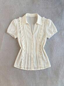 Elamini Women's Solid Color Short Sleeve Shirt Waist Cinched Textured Fabric Tea Party Office Off White Summer Romantic Elegant Teachers' Day - Apricot - View 6