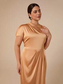ELLERISSA Vestido Lápis Assimétrico de Cetim Laranja Plus Size - Laranja - Visão 4