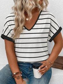 EMERY ROSE New Arrival Plus Size Women's Fashion Casual Versatile Striped Contrast V-Neck Short Sleeve T-Shirt - Multicolor - View 5