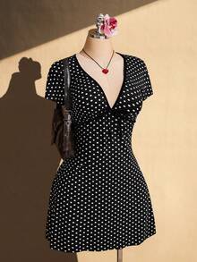 SHEIN ICON Đầm chữ A tay ngắn cổ chữ V sâu chấm bi phong cách retro Y2K cỡ lớn, thích hợp cho đi học, mặc thường ngày, đi nghỉ mát, mùa hè. - màu đen - Xem 4