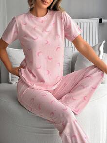 SHEIN Ribbad pyjamas med mån- och stjärnmönster för kvinnor, långärmad topp och byxor, mjukt pyjamasset - Rosa - Visa 5