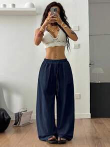 SHEIN Tall CURVE Plus Size Women's Solid Color Drawstring Waist Loose Casual Pants - Navy Blue - View 5