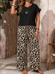 EMERY ROSE Set de 2 piezas: Blusa de escote en V y pantalones con estampado de leopardo y cordón en la cintura para mujer de talla grande - Multicolor - Ver 3