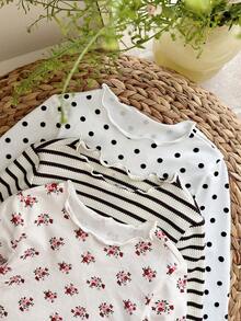 SHEIN 3pcs Baby Girl Knitted Cute Floral, Polka Dot & Striped Pattern T-Shirt Set - Multicolor - View 3