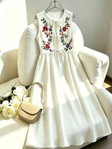 SHEIN Franclia 女士休闲度假风无袖印花系带连衣裙 - 白色 - 查看 1