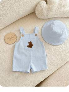 SHEIN Newborn Baby Boy Cute Summer Versatile Cartoon Duck Striped Romper & Hat Set - Multicolor - View 3