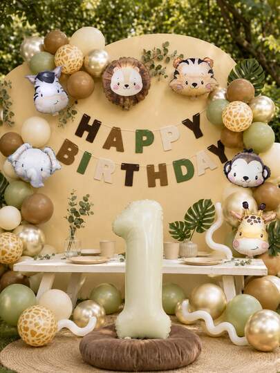 MINKOJA MINKOJA 53pcs Safari Animal Balloon Garland Kit With Cream Number Foil Balloon Felt Happy Birthday Banner For Jungle Birthday Party Decorations, BabyShower