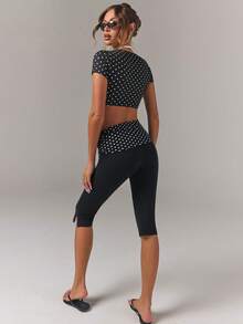 Athîral Quần legging lửng dáng ôm, xẻ tà, chấm bi đen, kiểu dáng thường ngày, dành cho nữ. - màu đen - Xem 5