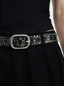 MortiRose 1pc Women's Street Punk Style Rivet Embellished Asymmetrical Metal PU Belt, Suitable For Party, Travel, Fashion Summer, School Fall, Autumn, Halloween - Multicolor - View 1