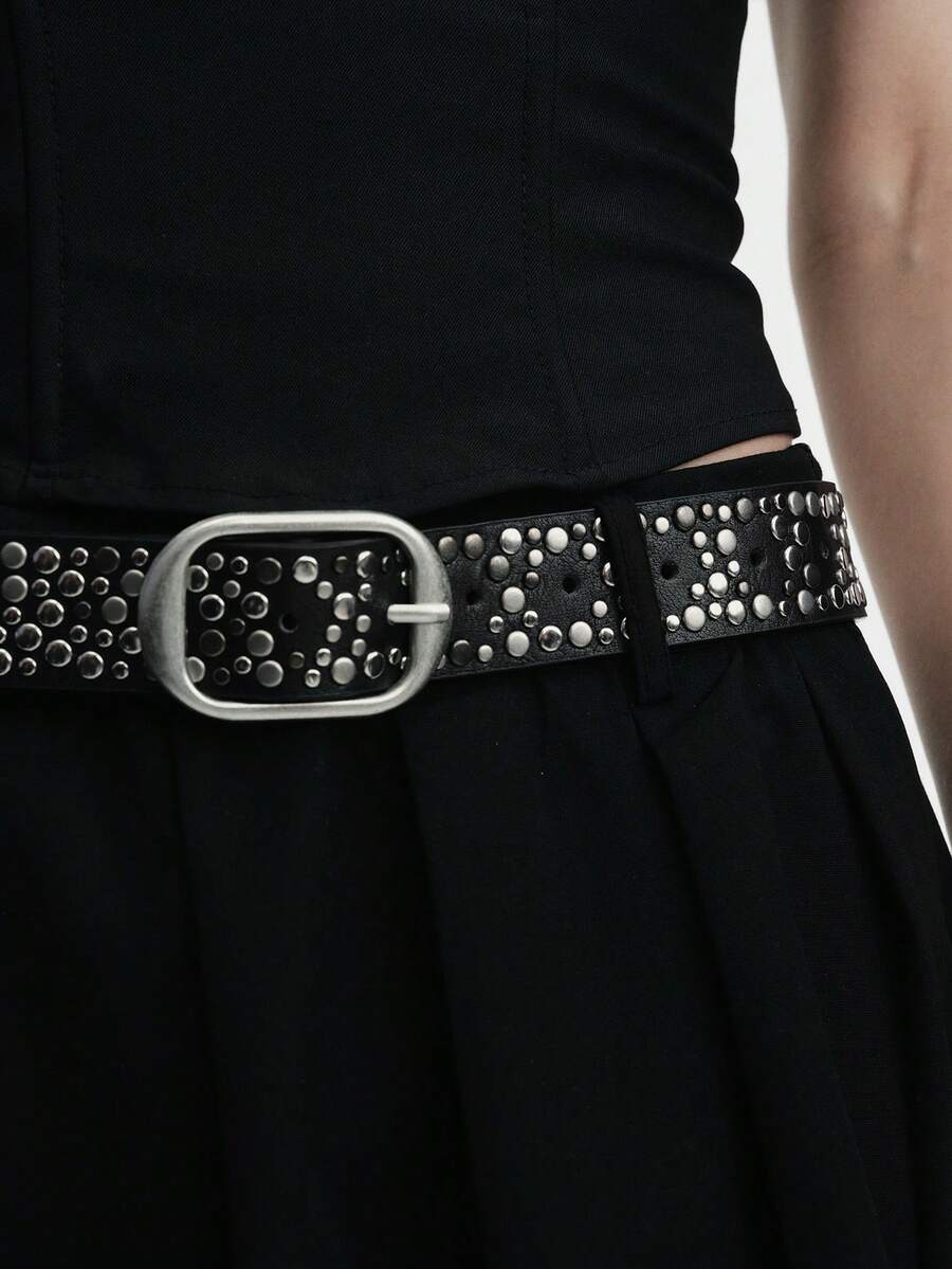MortiRose 1pc Women's Street Punk Style Rivet Embellished Asymmetrical Metal PU Belt, Suitable For Party, Travel, Fashion Summer, School Fall, Autumn, Halloween - Multicolor - View 1