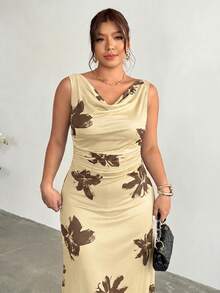 Firerie Vestido de vacaciones con estampado floral elegante, sin mangas, ajustado y con dobladillo de sirena para mujer de talla grande - Albaricoque - Ver 3