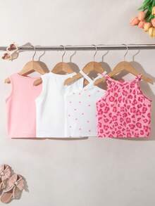SHEIN Genkimix Kids 4件組少女可愛波西米亞Y2K風白色夏季粉色豹紋獵豹愛心圖案無袖掛脖圓領背心上衣 - 彩色 - 查看 2