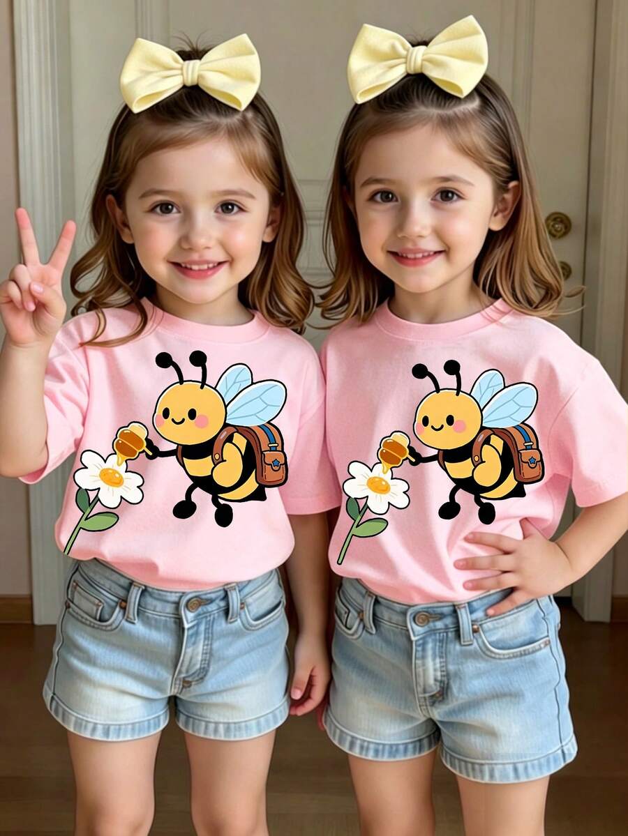 Elladie kids 可爱蜜蜂花卉印花休闲基础款短款T恤,舒适百搭,适合女宝宝春夏秋季日常穿着 - 粉色 - 查看 1