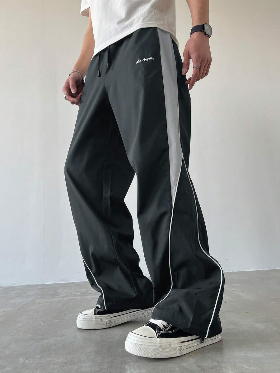 Manfinity EMRG Men's Casual Color Block Drawstring Straight Leg Pants, Loose Fit Long Black Patchwork Straight Leg Sweatpants For Outdoor - smoke gray - View 1