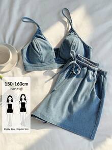 SHEIN PETITE 女款無袖牛仔套裝，休閒日常與夏季街頭風穿搭，女款牛仔套裝，休閒日常與度假穿著 - 淺色水洗藍 - 查看 1