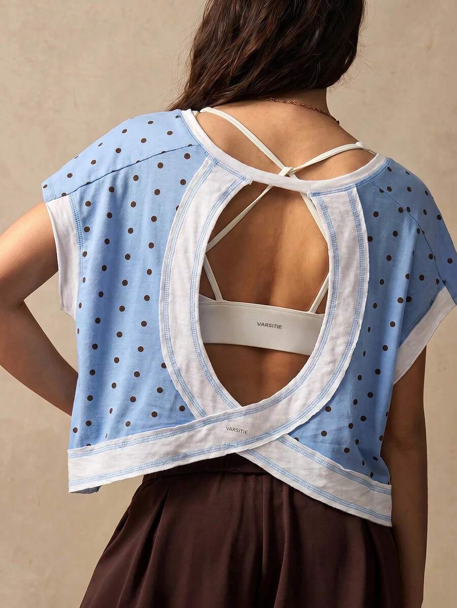 VARSIVA Women's Polka Dot Patchwork Casual Versatile Daily Wear Sports T-Shirt - Blue and White - View 1