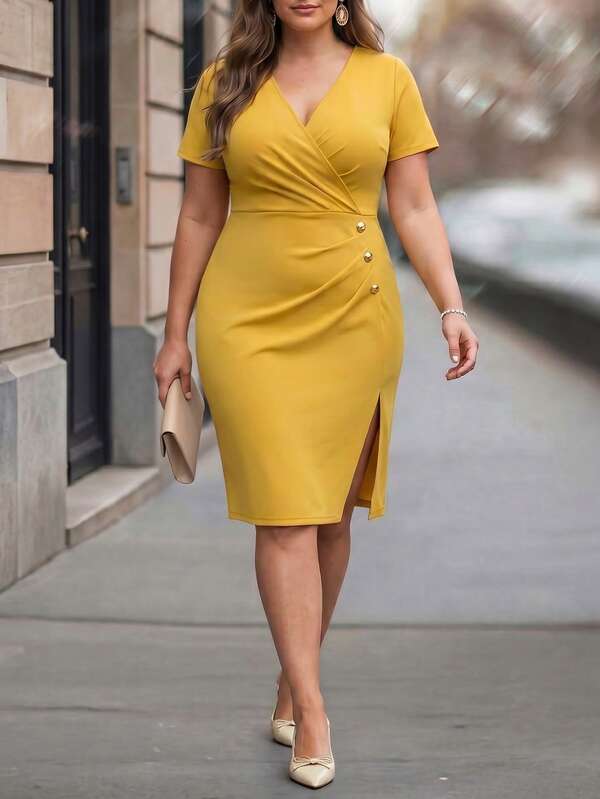 Velvienne Vestido elegante y casual para vacaciones y viajes, de tela elástica de punto amarilla, con escote cruzado de manga corta, vestido midi ajustado con decoración de hebilla metálica, silueta estilizadora de la cintura, adecuado para citas de moda, fiestas, atuendo retro elegante, vestido de estilo campestre, vestido de invitada de boda, vestido de verano, atuendo de playa, vestido de playa, vestido para salir, atuendo de vacaciones de mujer, vestido de vacaciones, vestido casual de mujer