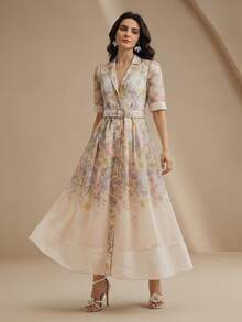 Anewsta Tall Spring/Summer Elegant Style Light Apricot High-End Positioning Printed Short Sleeve Cinched Cinched Waist-Front Shirt-Style Long Dress For Women - Multicolor - View 4