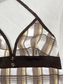 IslaSuriya Plus Size Women Plaid Halter Neck Cinched Waist Top - Khaki - View 4