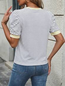 EMERY ROSE Women's Striped Round Neck Short Petal Sleeve Casual T-Shirt - Pale Yellow - View 2