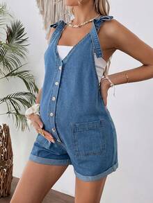 SHEIN Áo liền quần denim một hàng cúc, thắt nút vai dành cho bà bầu, kiểu dáng thường ngày đa năng. - Màu xanh lam - Xem 5