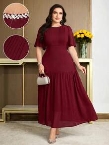 Modelyn Plus Size Solid Color Rhinestone Decor Round Neck Elegant Short Sleeve Dress, Summer Wedding Burgundy - Burgundy - View 1